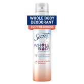 Secret aluminum-free whole body deodorant spray peach-vanilla bottle closeup for all-day freshness