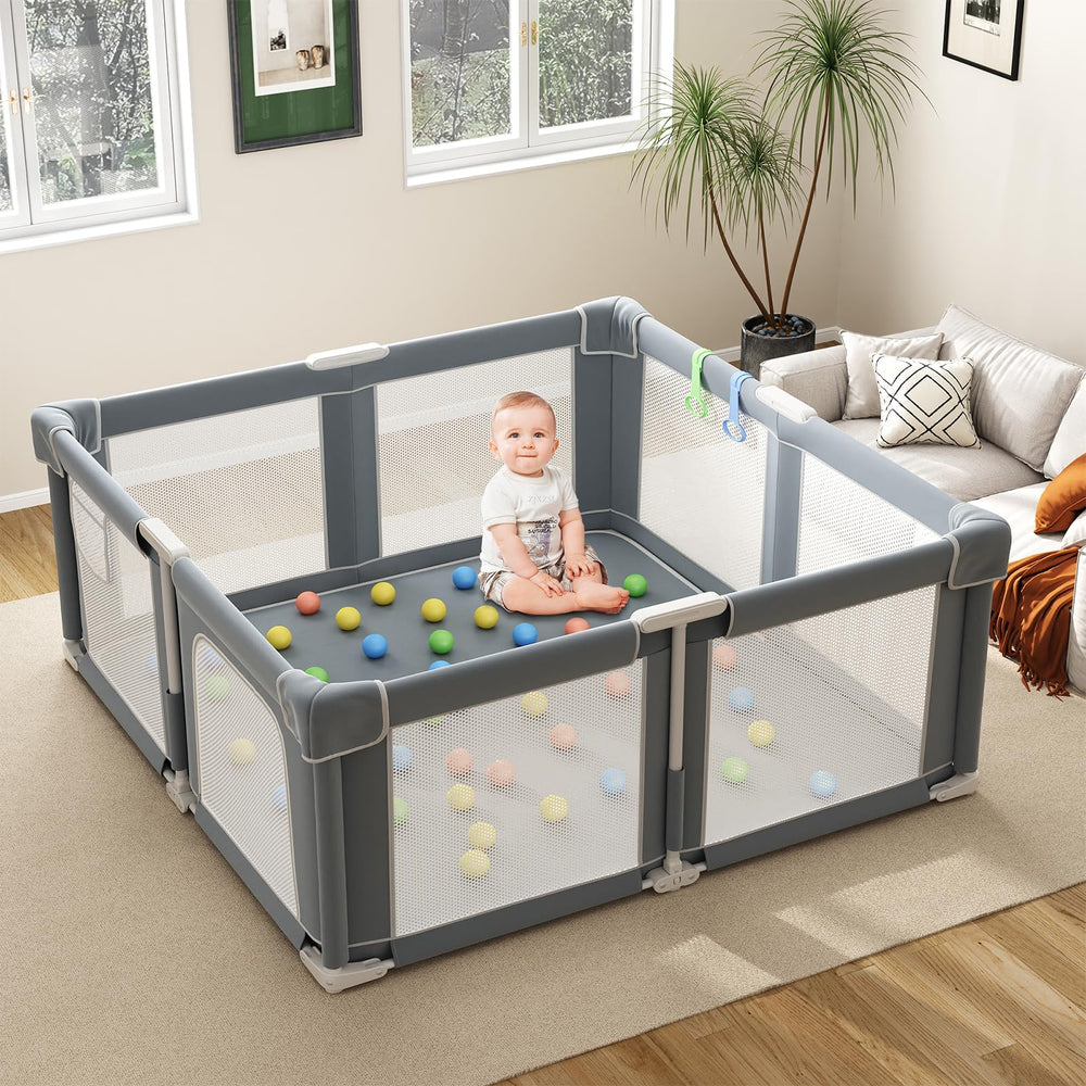 Seeday Foldable Playpen with 360° mesh provides easy supervision and roomy play space.