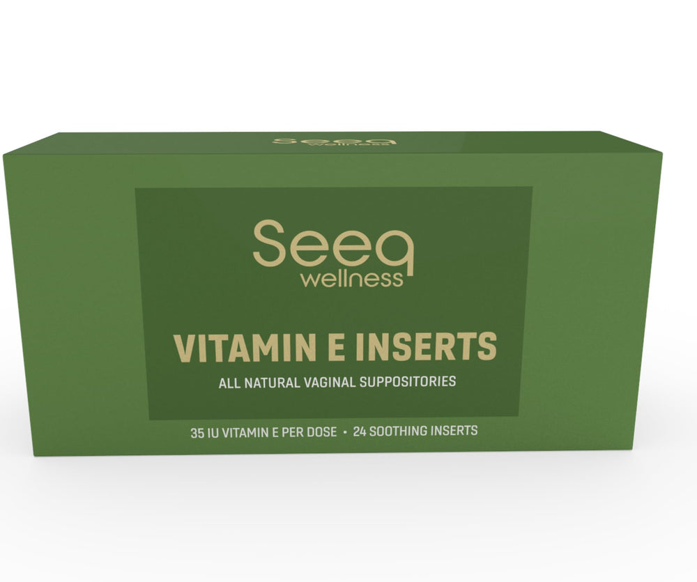 Seeq Wellness Vitamin E suppositories packaging highlights natural intimate care.