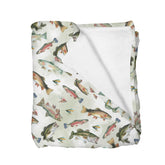 Selgkds neutral fishing baby blanket with fish illustration for a cozy nursery.