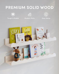 Seocry handcrafted natural wood shelves add warm character to a child's room.