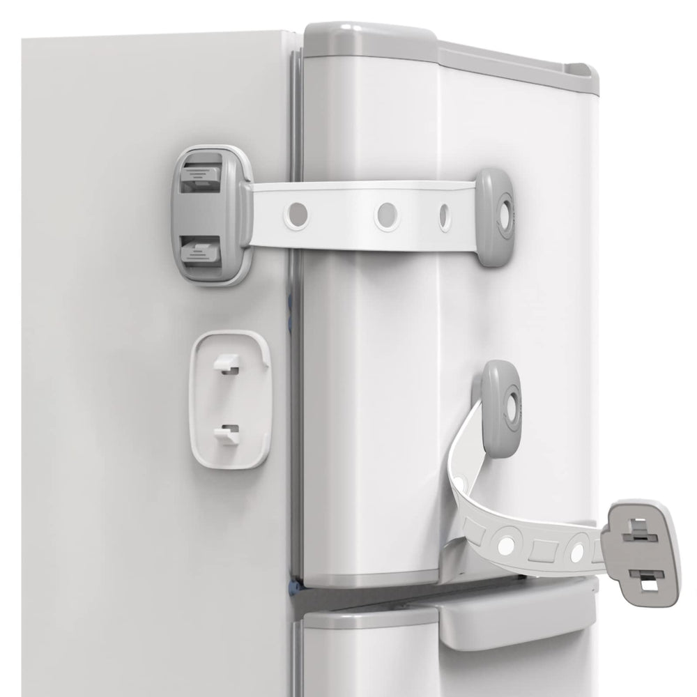 SEQUHITKU fridge lock strap around corner keeps cabinets secure from curious kids.