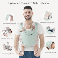 SERAPHY carrier pocket and lumbar area illustrates storage and support on outings.