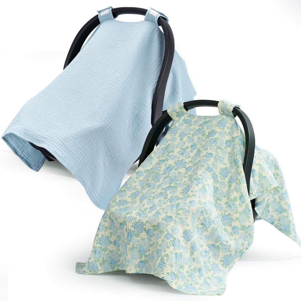 SERAPHY muslin car seat cover with blue flowers offering breathable sun protection for your baby