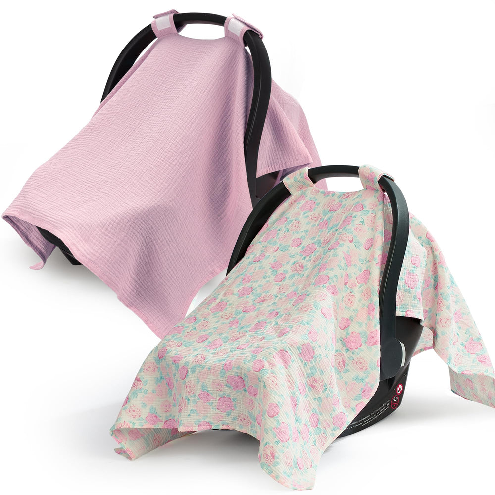 SERAPHY muslin car seat cover in pink flowers offering 360-degree protection and privacy