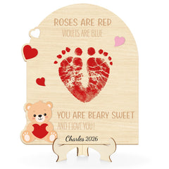 Sereliy baby's first Valentine footprint sign wood with hanging hooks