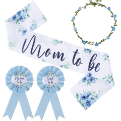 Serencatcher Baby in Bloom mom-to-be sash in blue for an elegant baby shower look