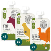 Serenity Kids 6+ months meat and herbs pouch packaging highlights organic ingredients for growing babies.