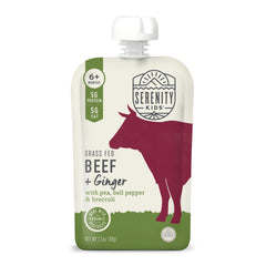 Serenity Kids Beef & Ginger pouch on a kitchen counter for on-the-go feeding.