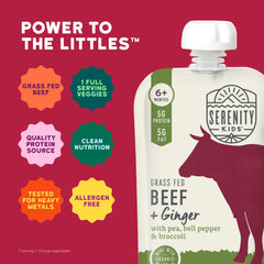 Serenity Kids Beef & Ginger pouch ready to serve during travel.