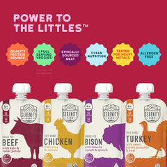 Serenity Kids bison flavor close-up shows savory protein option for toddlers