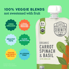 Serenity Kids carrot spinach basil pouch nutrition label highlights organic ingredients.