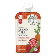 Serenity Kids Chicken Tikka Masala pouch pack—convenient protein-rich toddler meals on the go.