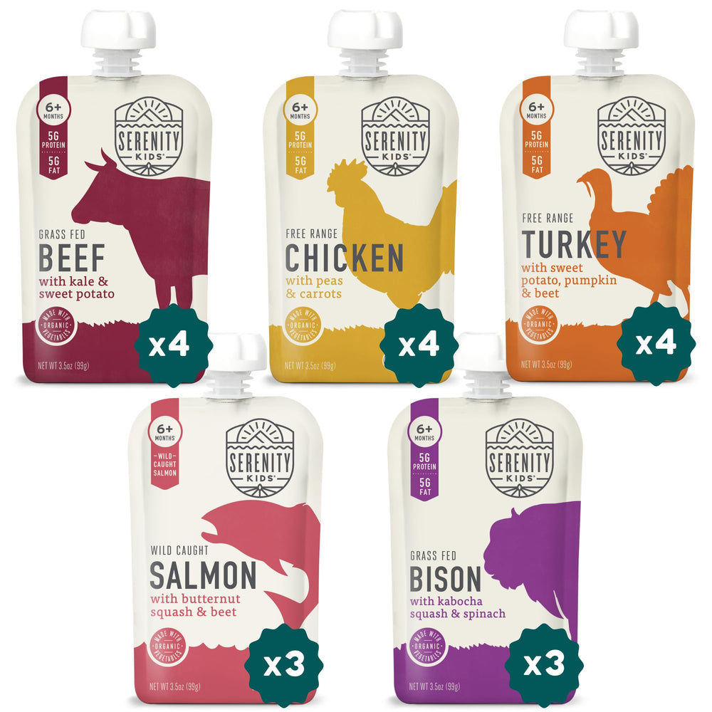 Serenity Kids meat puree pouches package close-up, ready for on-the-go meals.