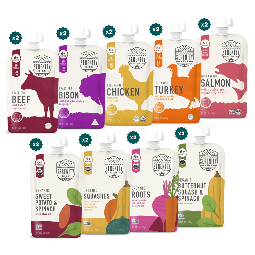 Serenity Kids pouch close-up showing meats and veggies for balanced meals.