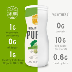 Serenity Kids puffs packaging shows gluten-free and zero added sugar.