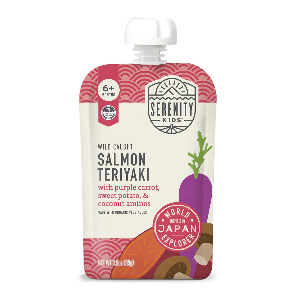 Serenity Kids salmon teriyaki pouch front; convenient, on-the-go nutrition for babies.