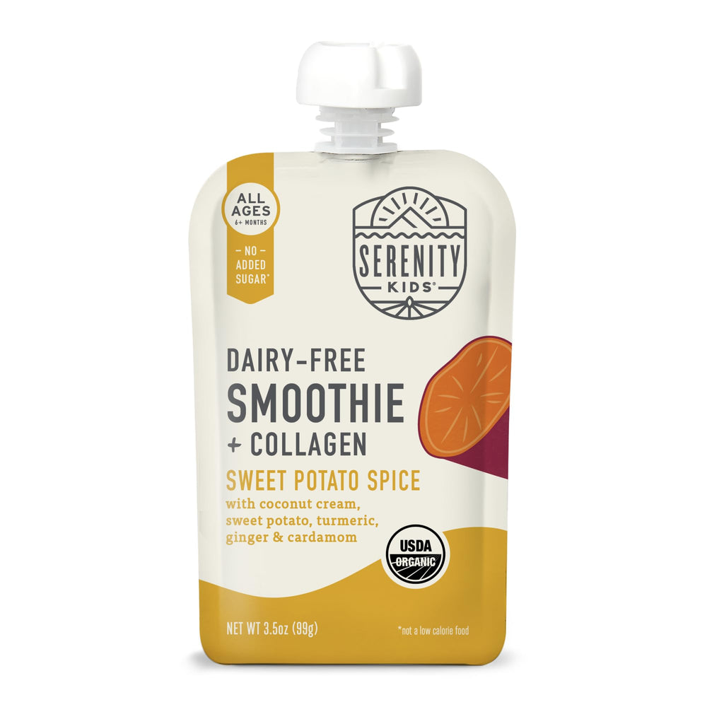 Serenity Kids smoothie pouch with sweet potato spice, dairy-free snack for kids