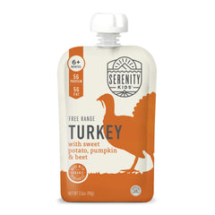 Serenity Kids turkey pouch with 5g protein, ideal for toddler meals on the go.