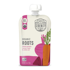 Serenity Kids veggie puree pouch with sweet potato, carrot, and beet for on-the-go nutrition.