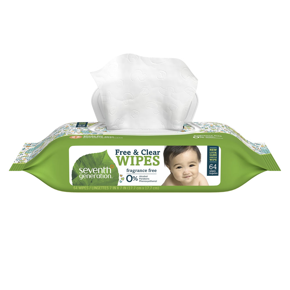 Seventh Generation Free & Clear baby wipes with flip-top lid for quick changes.