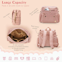 SEWBOO dusty rose interior showing multiple pockets for organized baby items.