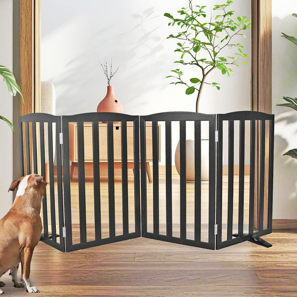 SFJC dog gate assembled front view shows sturdy four-panel design.