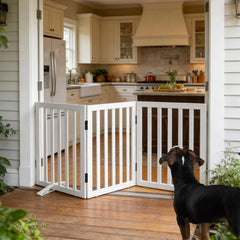 SFJC dog gate extended to sixty inches, ideal for wide doorways.