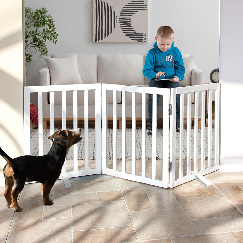 SFJC dog gate front view in natural wood for sturdy, stylish barrier.