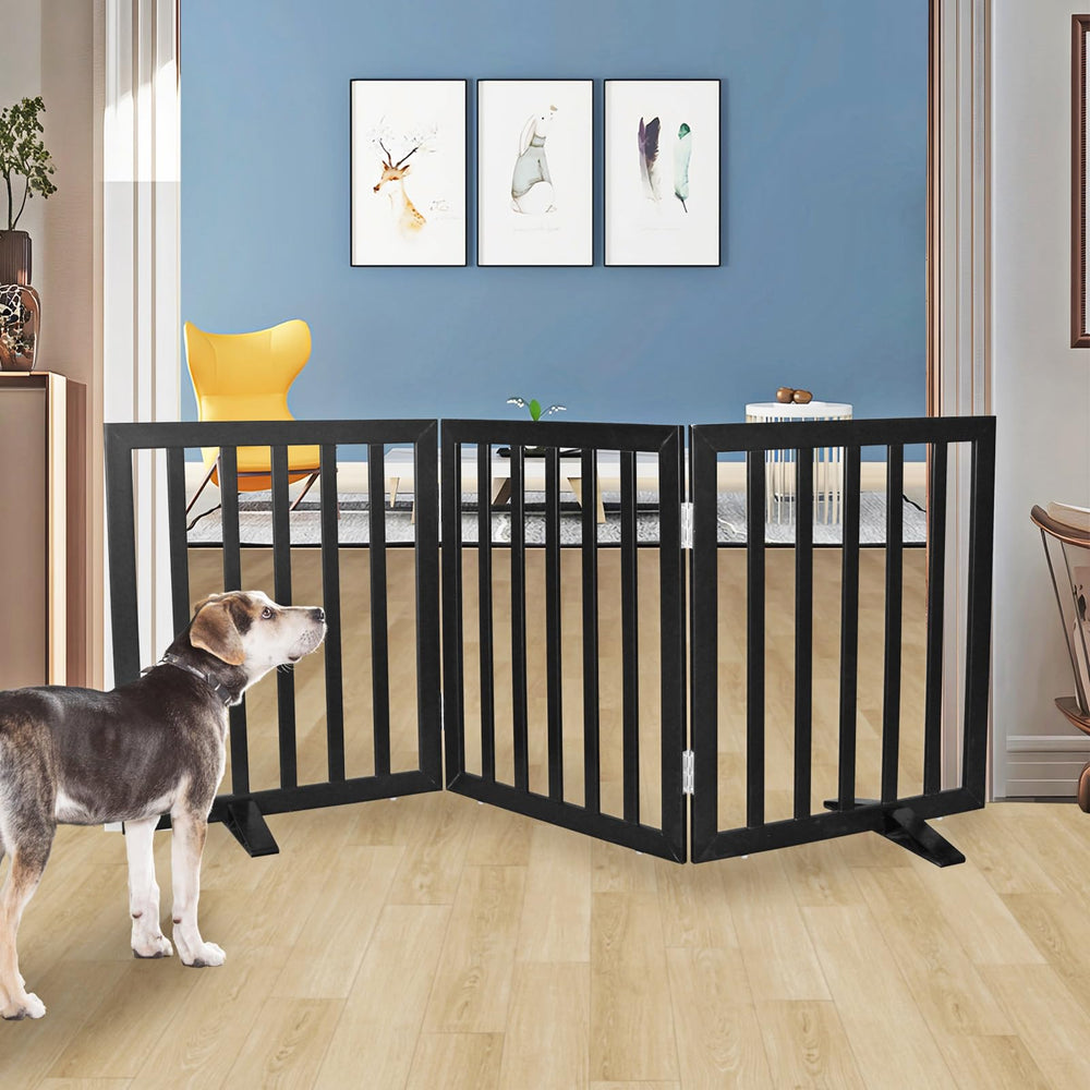 SFJC dog gate indoor wood three-panel design for doorways and stairs.