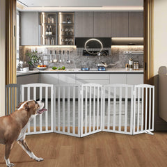 SFJC freestanding wooden grey gate placed at doorway for easy containment.