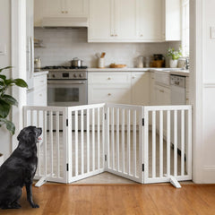 SFJC dog gate folded for compact storage, saving space between uses