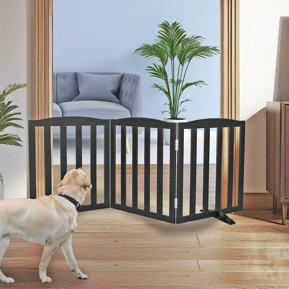 SFJC dog gate, wooden black 3-panel setup, ideal for doorways and stair safety.