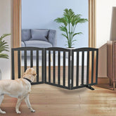 SFJC dog gate, wooden black 3-panel setup, ideal for doorways and stair safety.