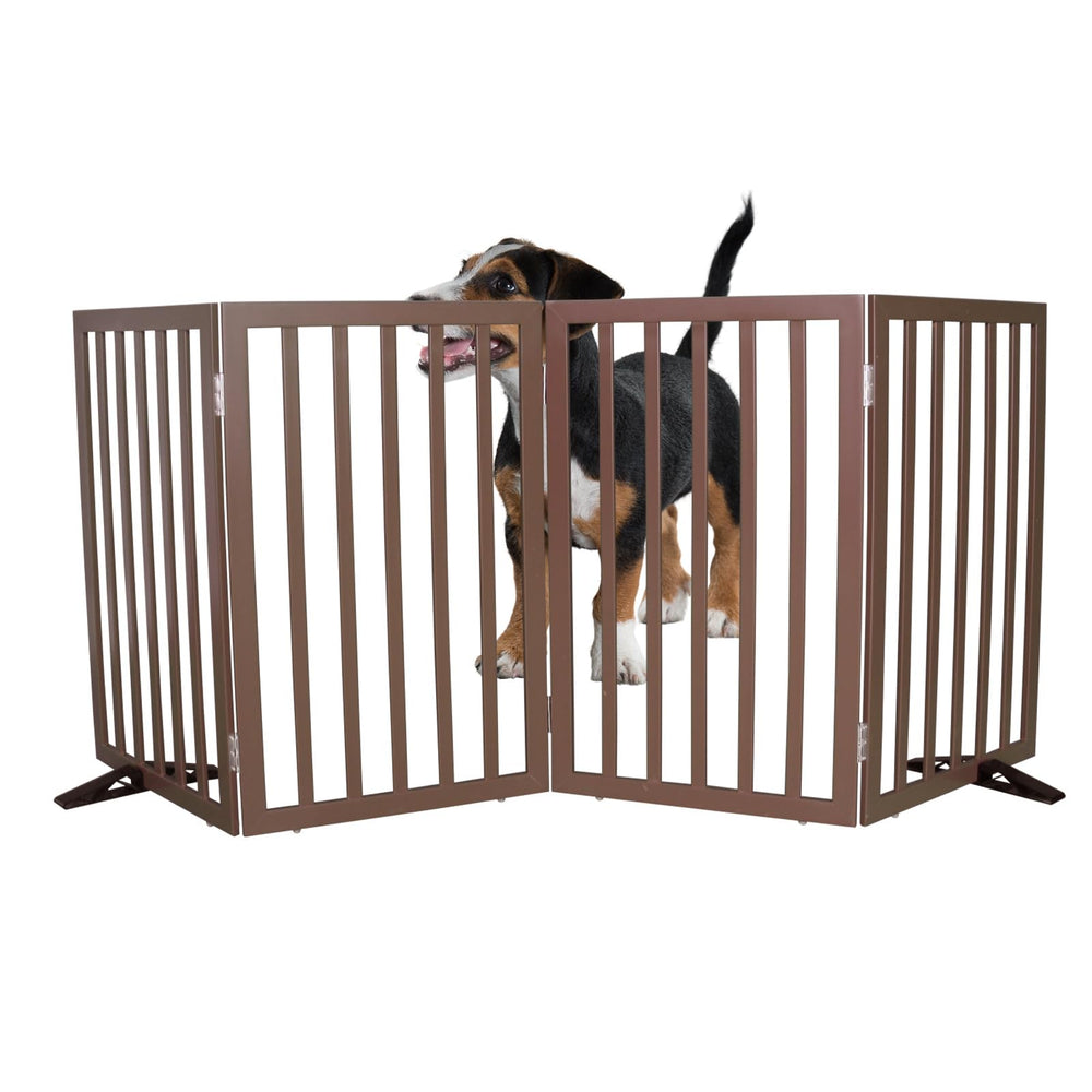 SFJC dog gate with four-panel open design secures wide doorways safely.
