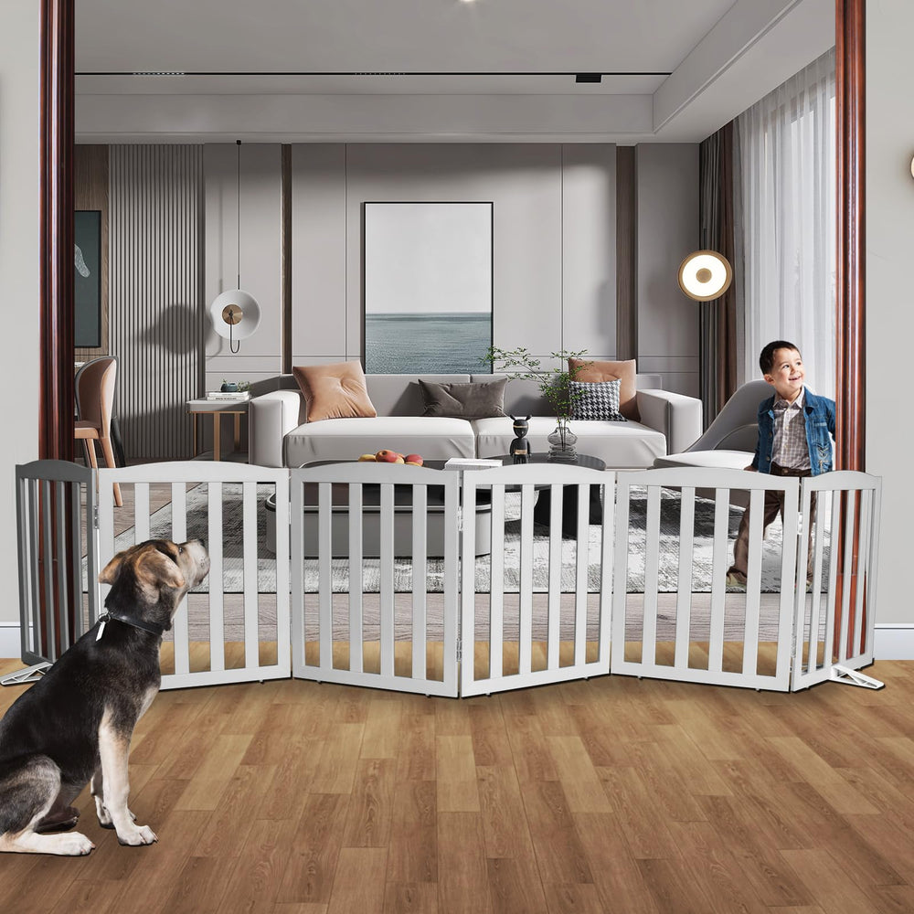 SFJC freestanding dog gate in grey folds into six panels for wide openings