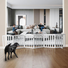 SFJC freestanding dog gate opened fully for wide doorway control.