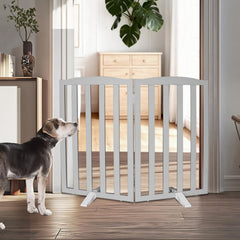 SFJC freestanding dog gate setup blocks doorway while preserving floor finish.