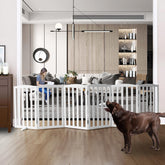 SFJC freestanding dog gate in white wood with six panels for versatile indoor use.