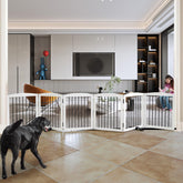 SFJC freestanding six-panel dog gate in white, ideal for indoor containment.