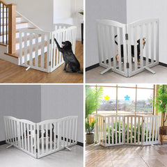 SFJC wooden white pet gate with hinged two-panel design for easy positioning.