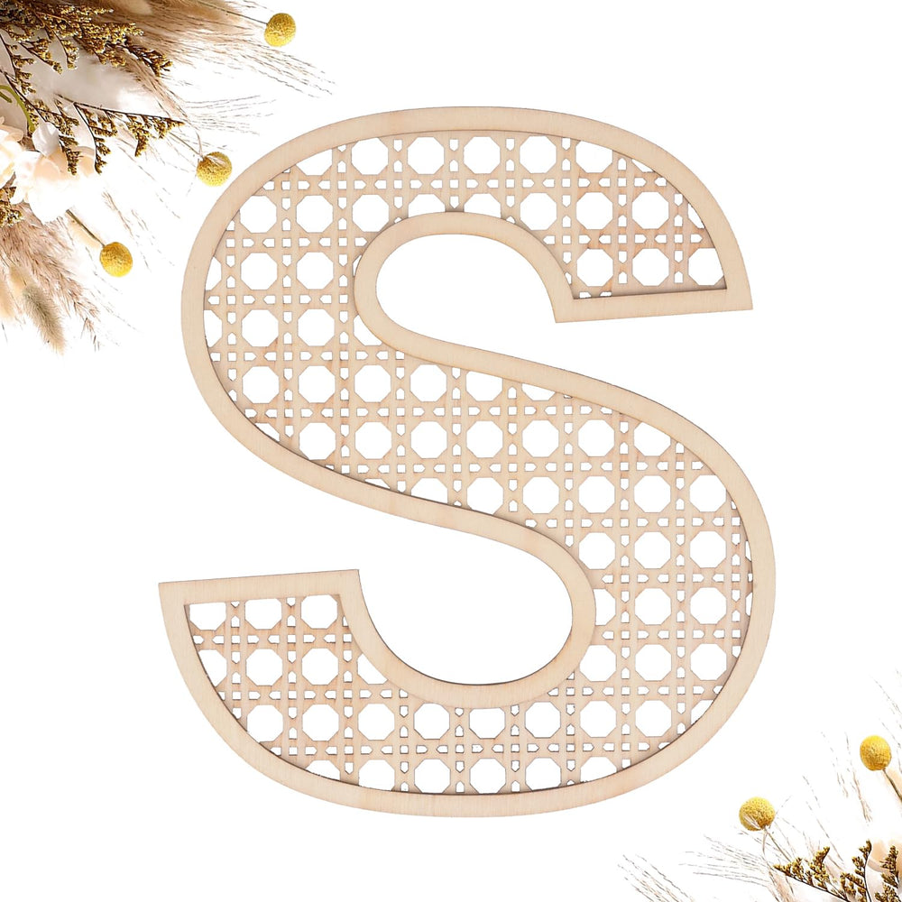 She Love wooden rattan letters 8-inch S front view for rustic wall decor ideas.