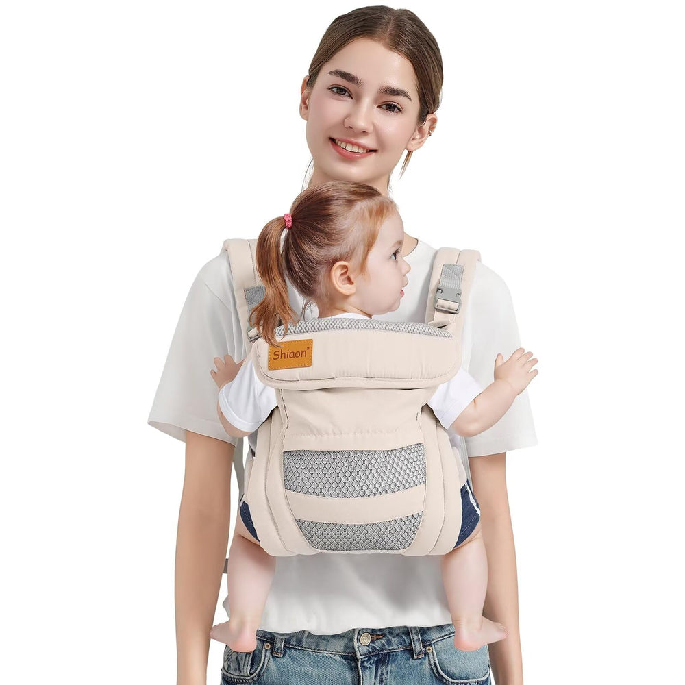 Shiaon beige baby carrier for newborn to toddler comfort.