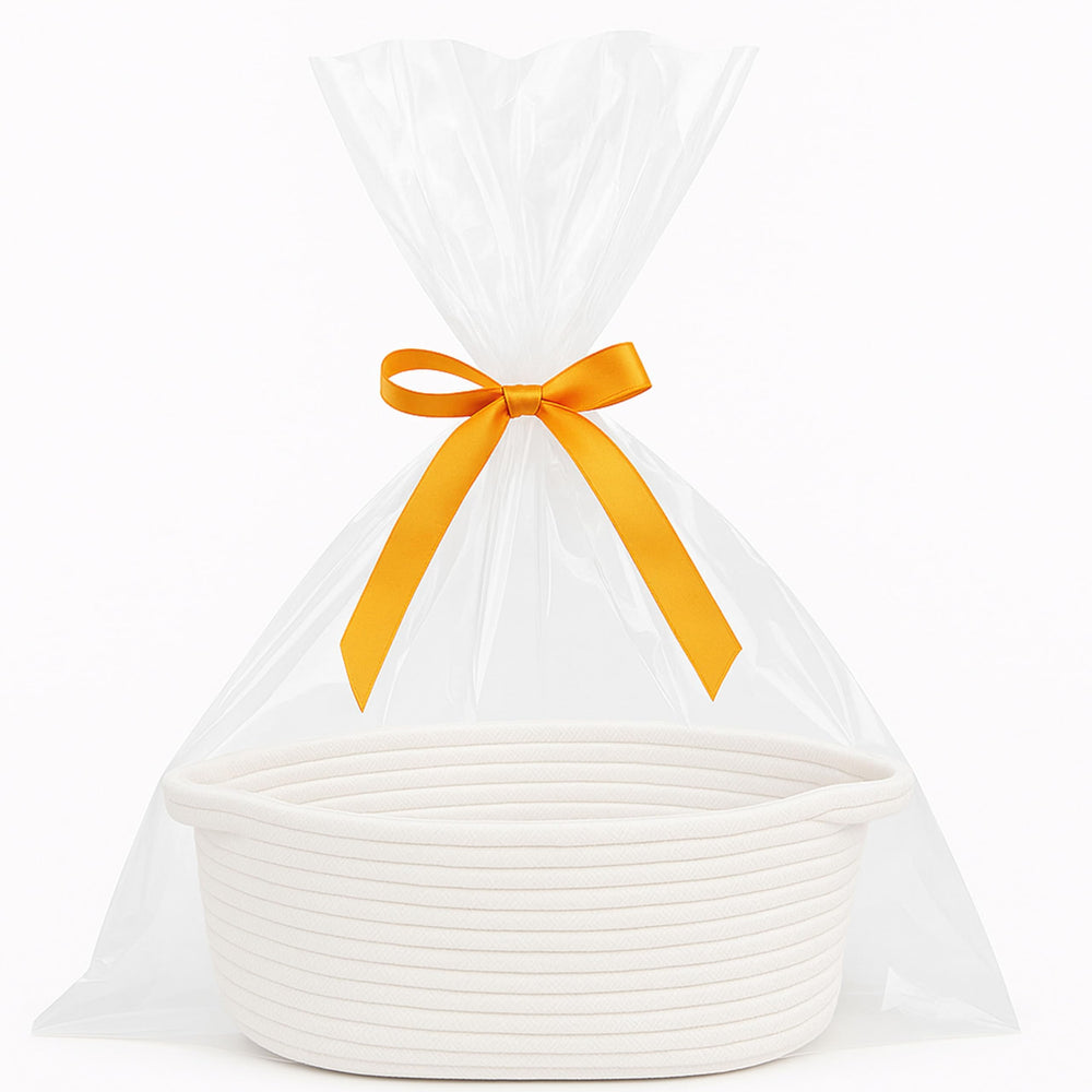 Shimmer Anna Shine small woven basket with gift bag and ribbon prepared for gifting