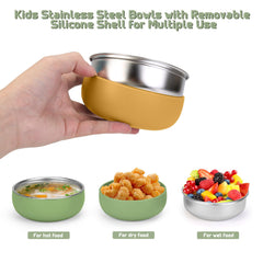ShineMe baby bowls feature non-slip silicone shell for quiet mealtimes.