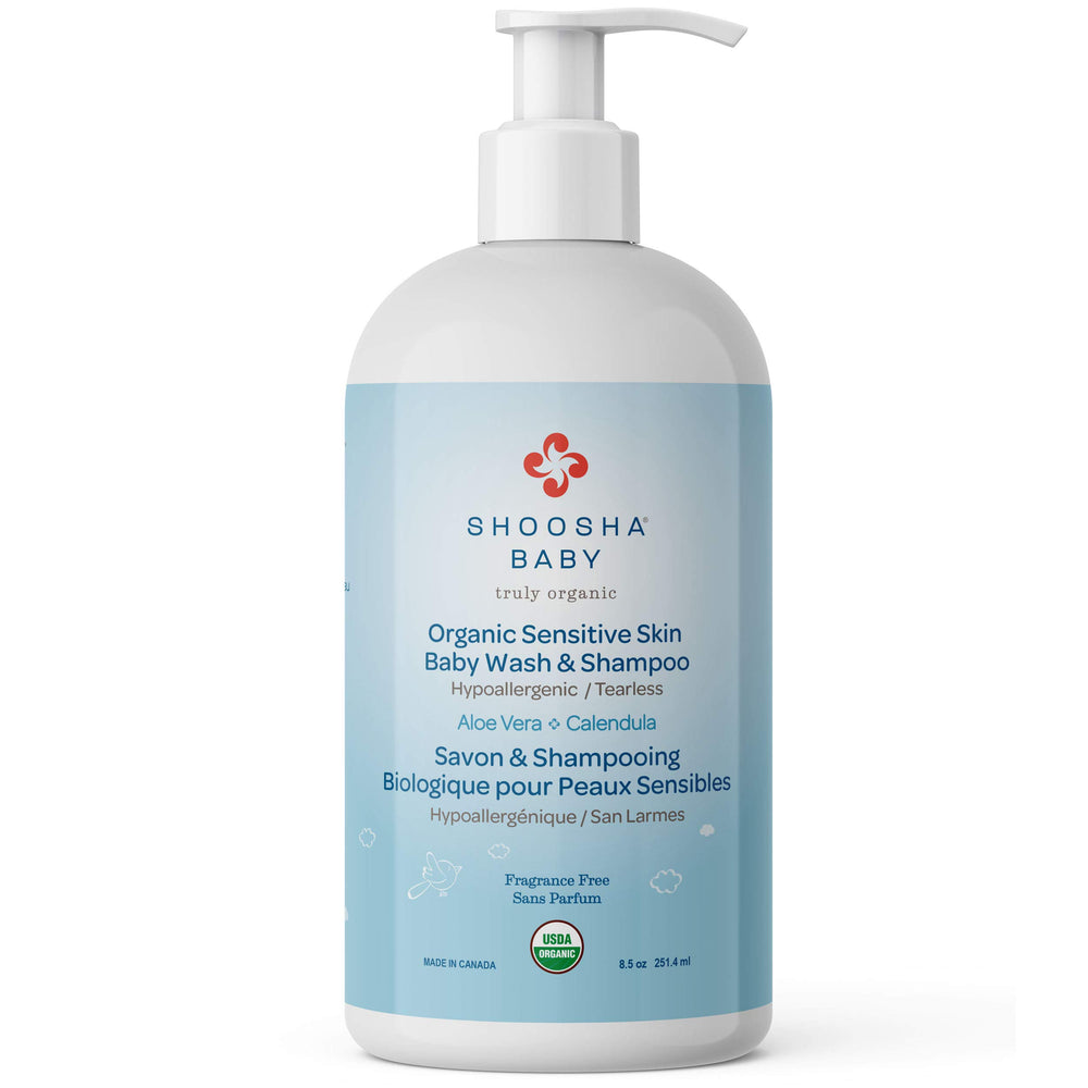 Shoosha unscented baby wash bottle demonstrates gentle cleansing for sensitive skin.