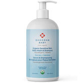 Shoosha unscented baby wash bottle demonstrates gentle cleansing for sensitive skin.