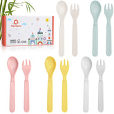 shopwithgreen bamboo toddler utensils set with spoons and forks for self-feeding.