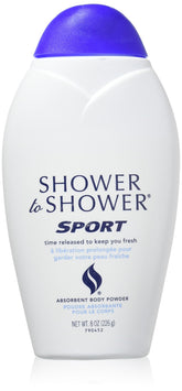 Shower To Shower sport body powder bottle front showing talc-free formula for dryness