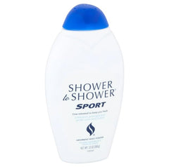 Shower To Shower Sport powder label close-up highlighting the sport scent for refreshed energy.